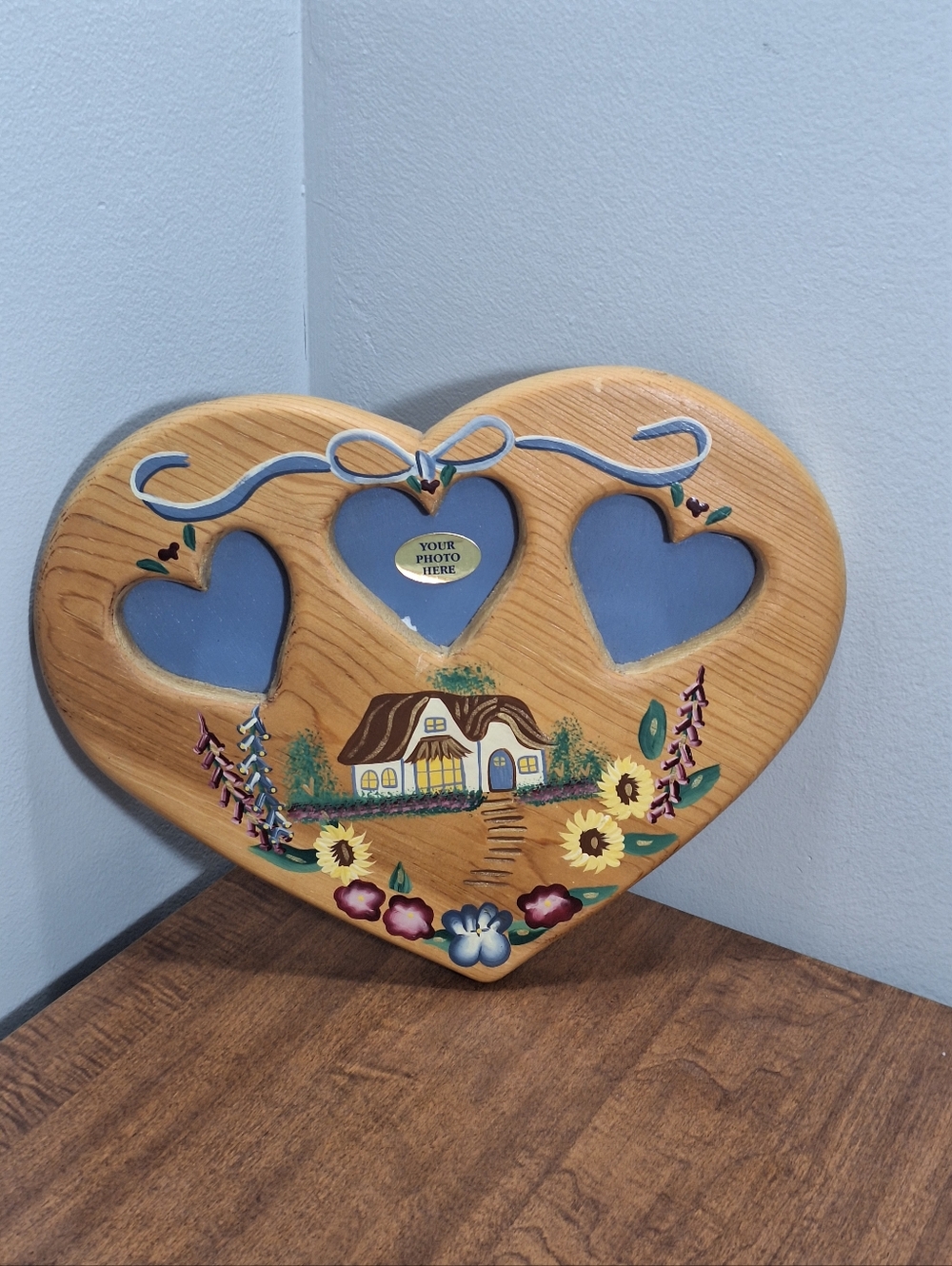 Vtg Keepsake Handpainted Wood Heart 3 Picture Photo Frame Cottagecore Mexico